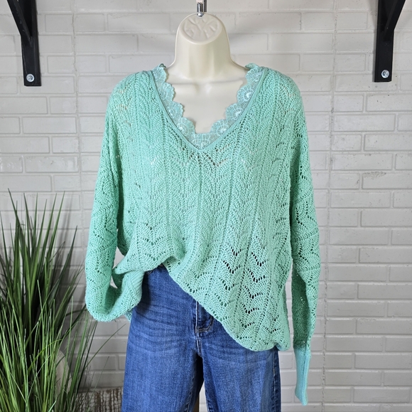 Daytrip Sweaters - Daytrip Mint Lace V-Neck Crochet Sweater Oversized Medium